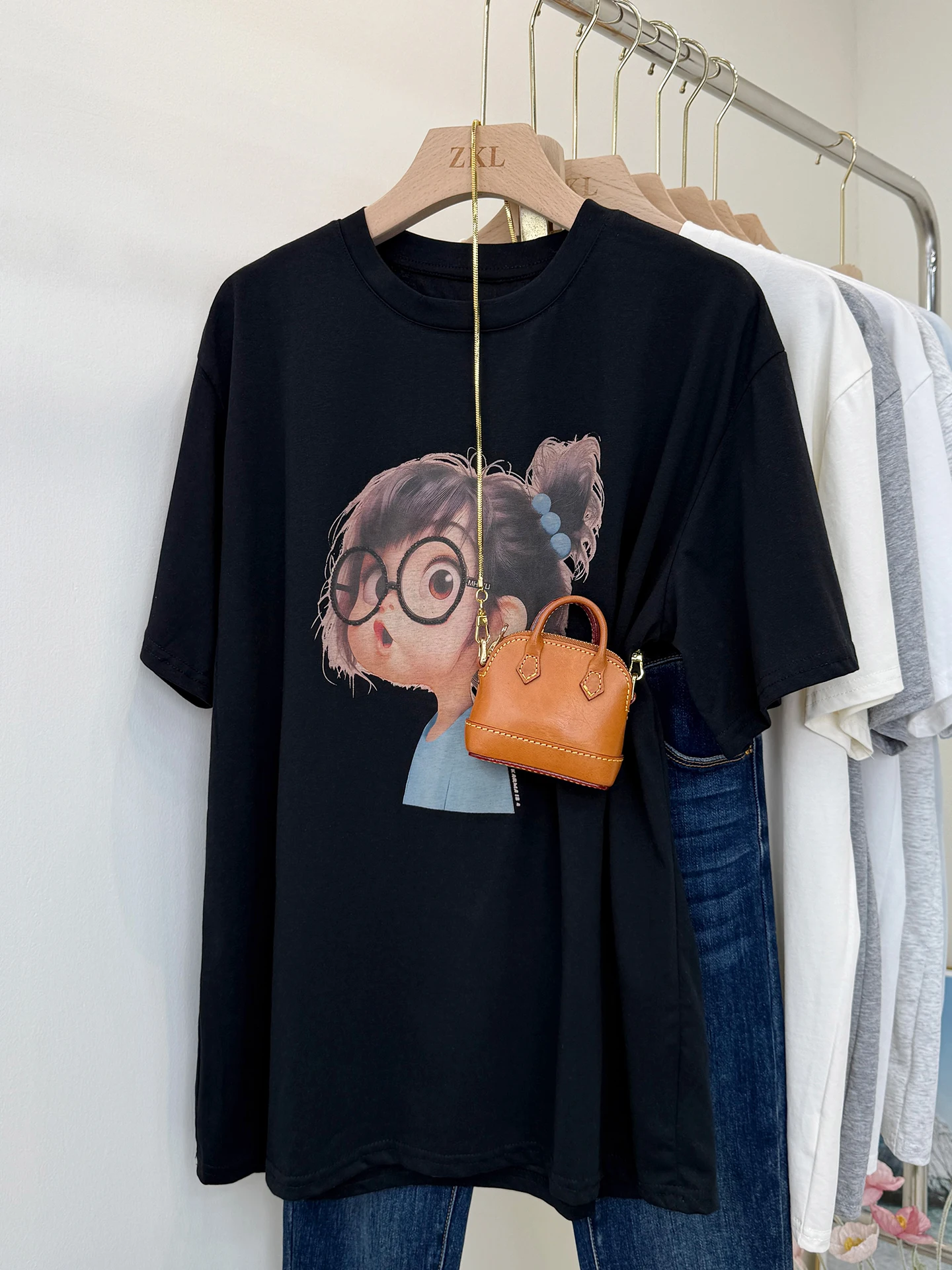 Premium Feeling ort Sve T-irt with ark Pants Mid-Length Cotton round Ne Base irt for Girls Creative Print Commut...