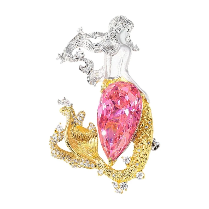 

BELLUX S925 Серебряная брошь-русалка, легкая роскошная позолоченная брошь из синтетического циркона Padparadscha, розовая брошь с бриллиантами в форме капли воды