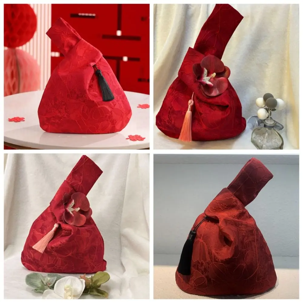 

Cheongsam Accessories Tassel Knot Wrist Bag Small Item Pouch Flower Pendant Embroidery Handbag Bucket Bag Red Festive Sugar Bag