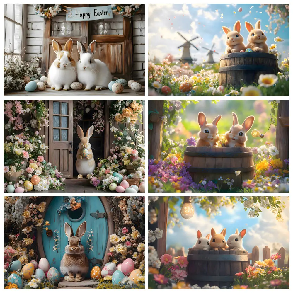 

Happy Easter Photography Backdrop Rabbits Color Easter Eggs Garden Wood Door Kids Portrait Background Decor Photo Studio Props