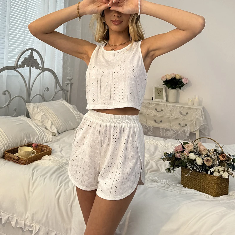 Women's Sleepwear Solid Sexy Casual Pajama Set Summer Sleepwear Crew Neck Sleeveless Loungewear Nightwear Lounge Sets Two Piece