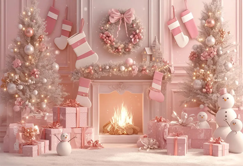 Mehofond Photography Backdrop Pink Christmas Fireplace Family Holiday Portrait White Toy Car Snowmen Gift Boxes Background Photo