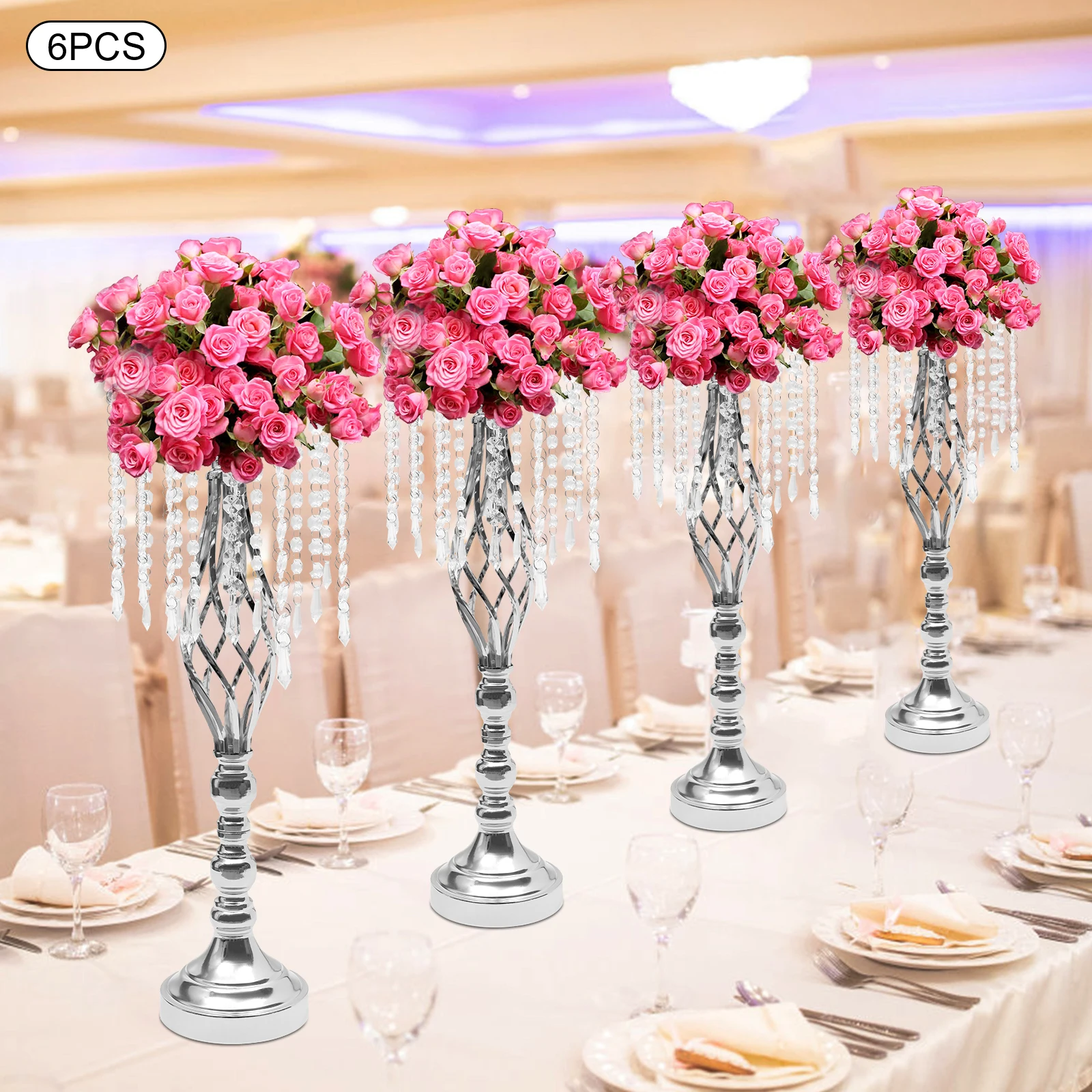 6pcs Crystal Flower Stand, Wedding Centerpiece, Crystal Wedding Flower Stand 55cm Silver Iron Durable DIY Vase Holder for Party Event Decor