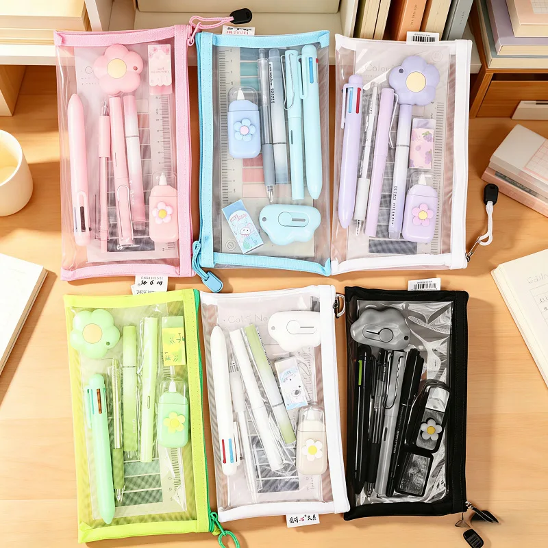 9PCS/Set Kawaii Stationery Set for Students Girls Safety Cutter 6-Color Pen Highlighter Index Tabs Complete Study Supplies Gifts