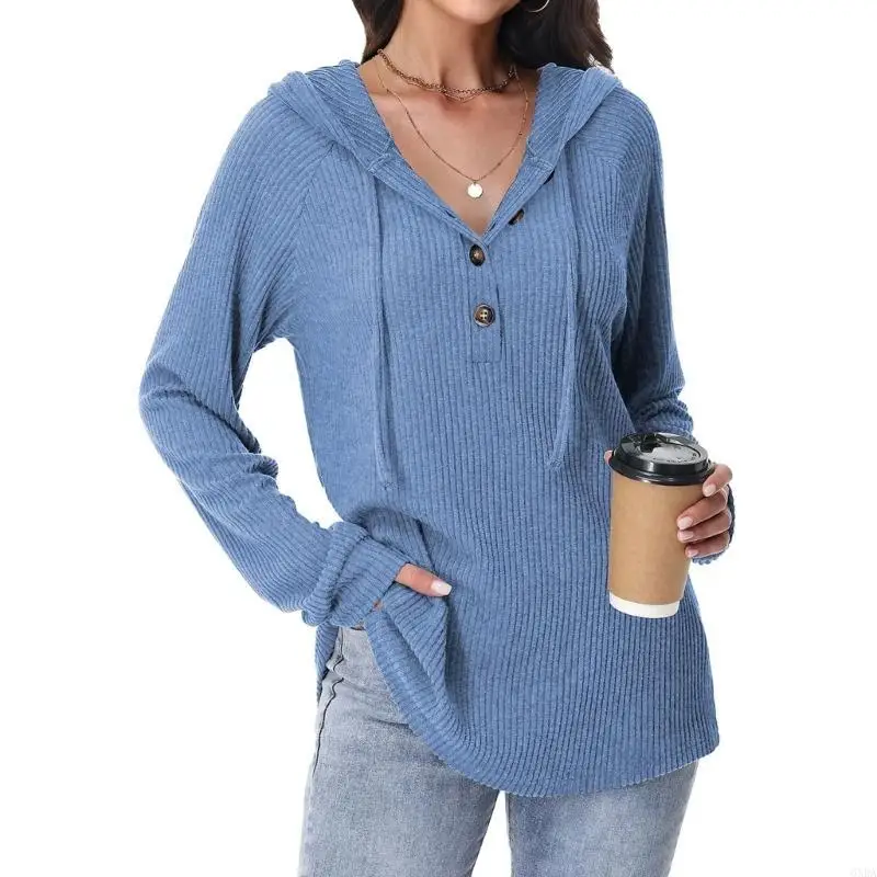 여성용 까마귀 V 넥 까마귀 버튼 다운 경량 니트 풀오버 긴 소매 스웨트 탑 6XDA