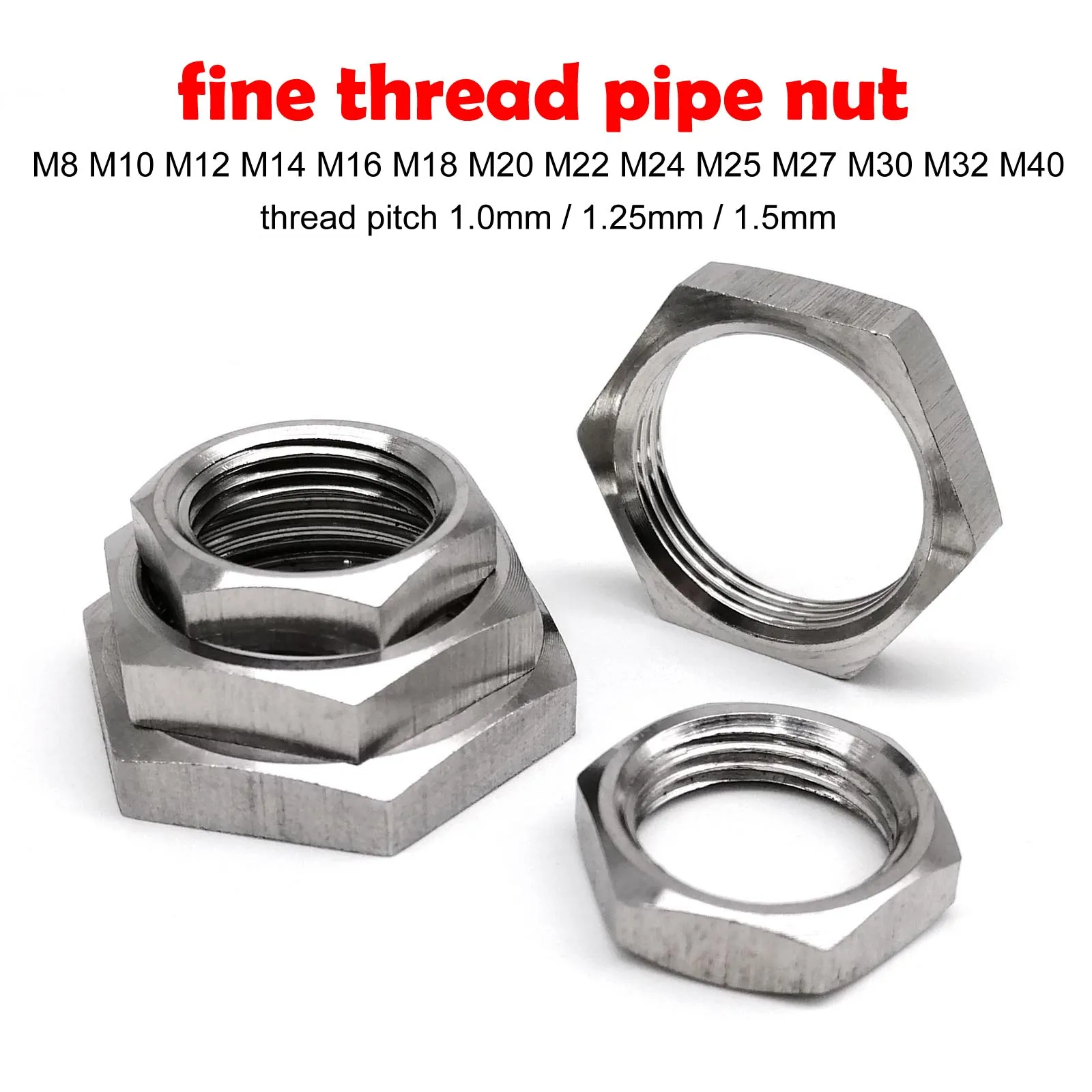 M8 to M40 Fine Thread Hex Thin Lock Nut Pitch 1mm 1.5mm 304 A2-70 Stainless Steel for Water Tank Connector Pipe Tap Faucet