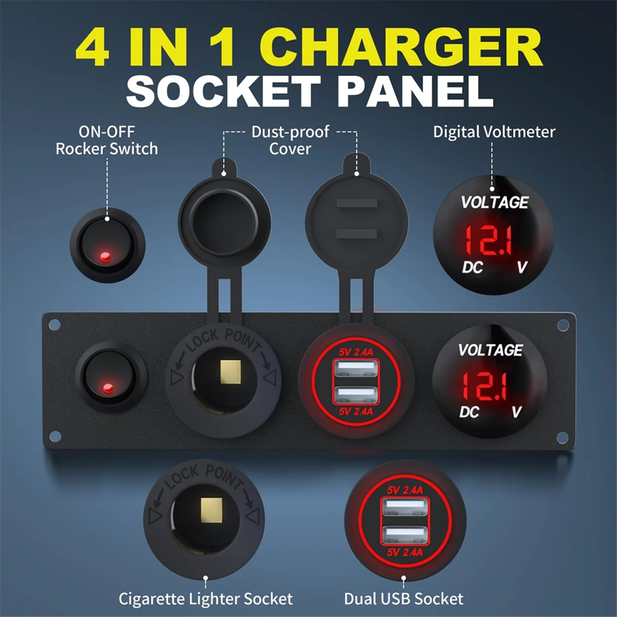 4 in 1 12V USB Panel+LED Voltmete &Dual USB Charger Socket Power&Cigarette Lighter Socket & Toogle Switch Panel Red