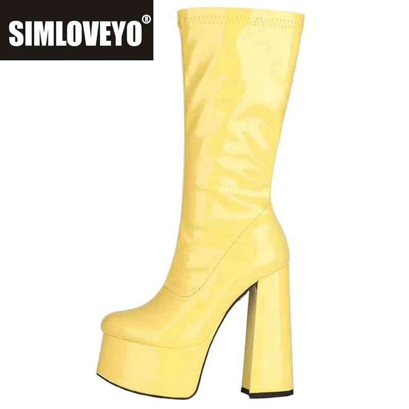 

SIMLOVEYO INS брендовые пикантные женские ботинки до середины икры на массивном высоком каблуке, цвет, большой размер 43