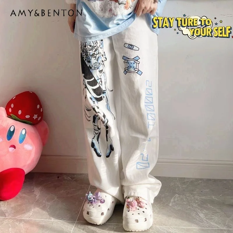 Subculture Y2K Hot Girl Two-dimensional Harajuku Water-color Printed Jeans Women Street Punk Style High-waisted Slim Baggy Jeans