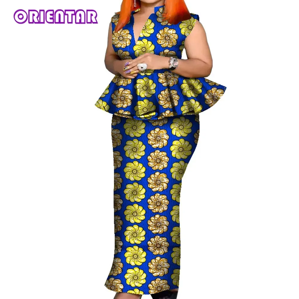 Tenue africaine pour femmes, ensemble 2 pièces, imprimé africain, chemisier sans manches et longue jupe, grande taille, vêtements africains pour femmes, WY8049