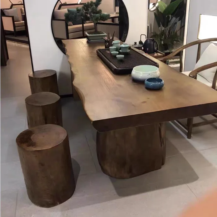 Solid wood large board table, log tea table, simple desk, wabi-sabi office