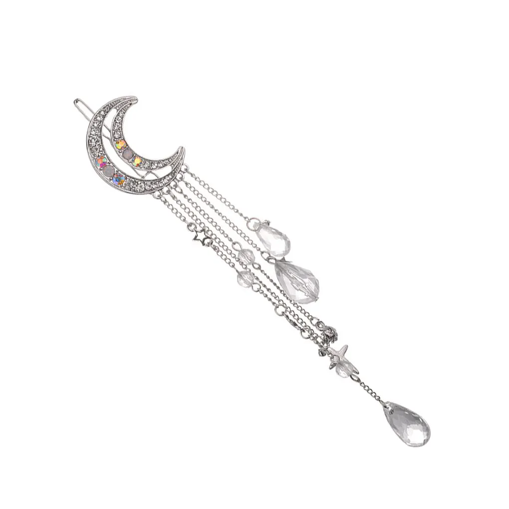 Elegant Women Hairpin Moon Rhinestone Star Tassel Dangle Styling Accessories Hair Bands Clip Jewelry Gift Party Daily