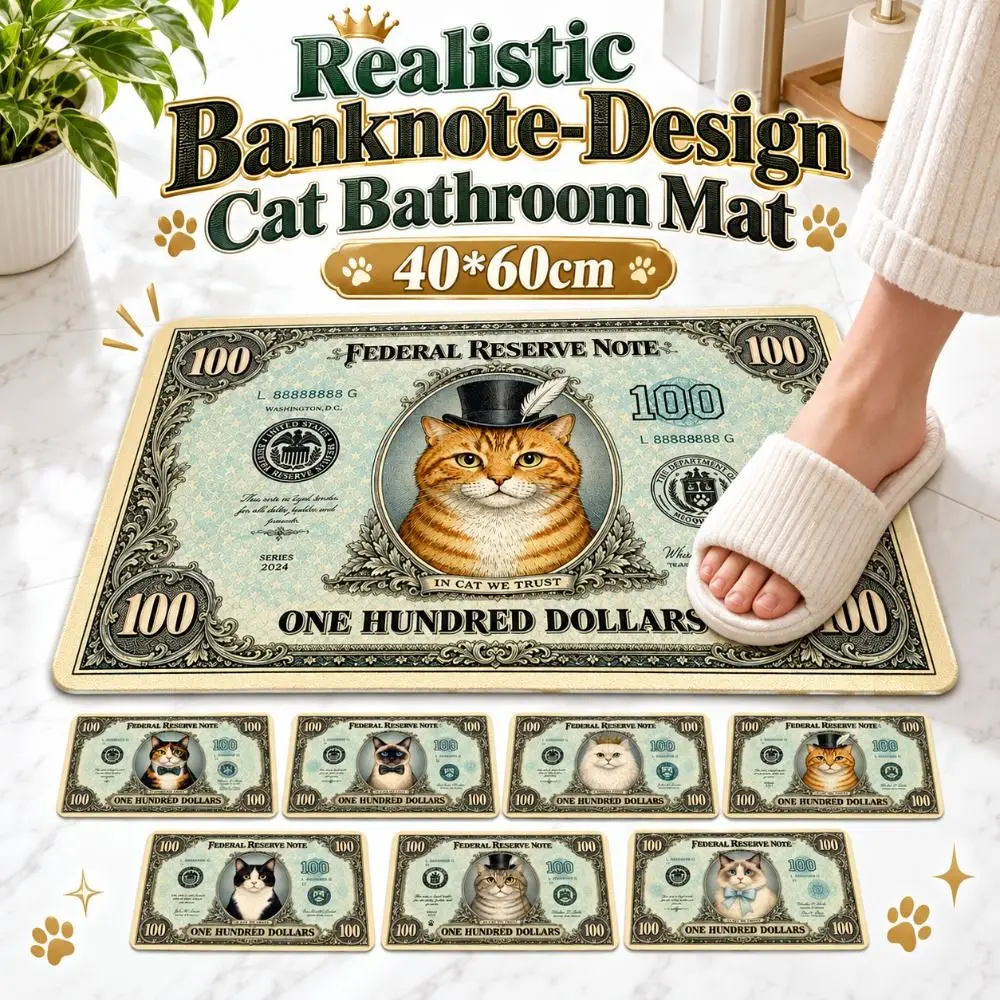 Diatomaceous Earth Realistic Banknote Cat Floor Mat Water-absorbing Non-slip Bathroom Carpet 40×60CM Washable Bedroom Door Rug
