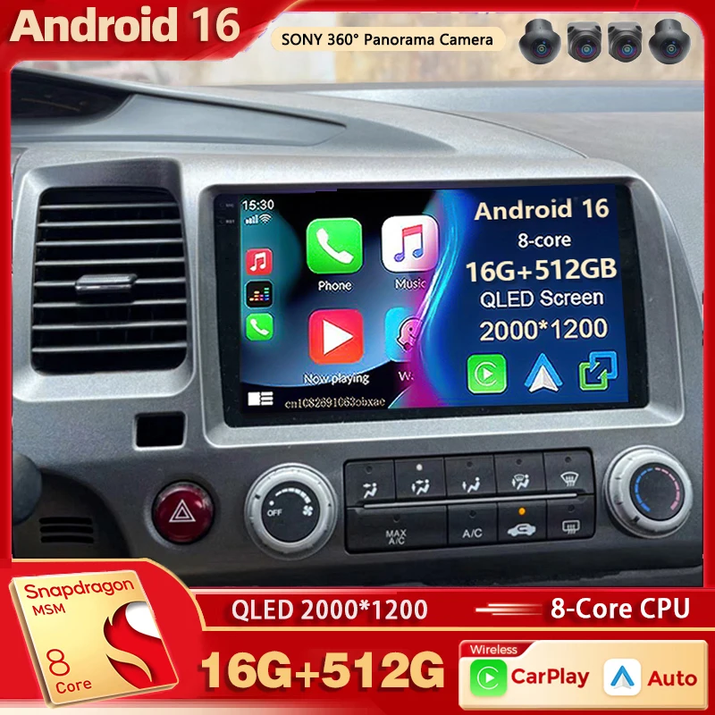 Android 16 For Honda Civic 8 FK FN FD 2005 - 2012 2K QLED Android Car Radio Multimedia Video Player GPS Stereo CarPlay Head Unit