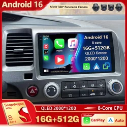 Android 16 For Honda Civic 8 FK FN FD 2005 - 2012 2K QLED Android Car Radio Multimedia Video Player GPS Stereo CarPlay Head Unit