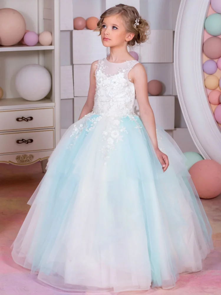 

Flower Girl Dresses White Blue Tulle Flory Pattern Sleeveless For Wedding Birthday Party First Communion Gowns