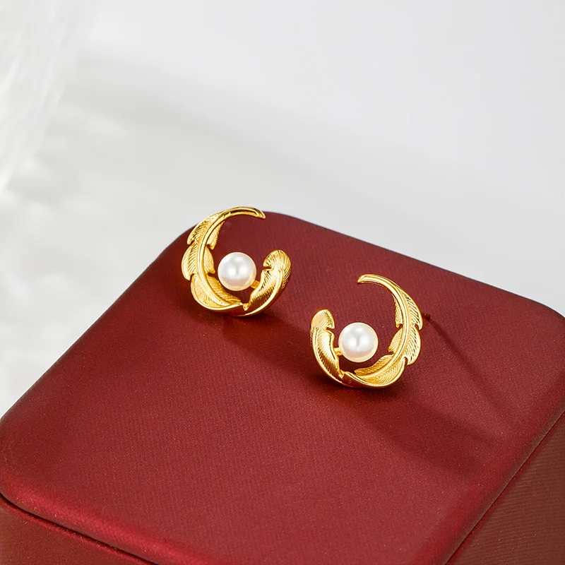

Luxury 24K 9999 Pure Gold real gold Women's Pearl Feather Stud Earrings