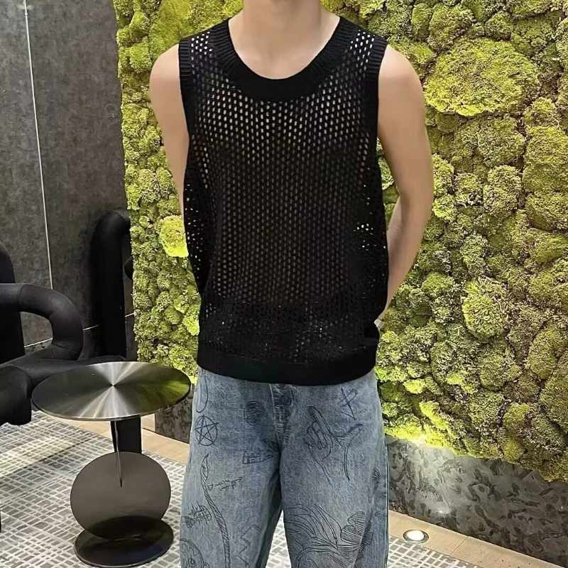 Men Hollow Out Mesh Loose Casual Vests Sports Street Sleeveless O-Neck Tank Kntiwears Tops Summer Quick Dry Erotic Top