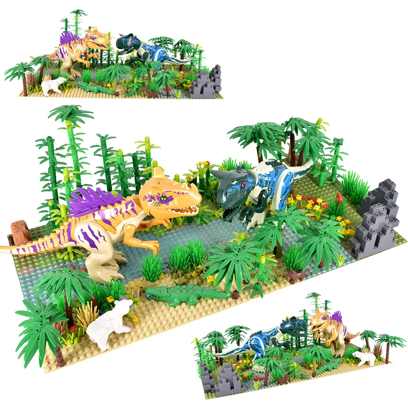 MOC Jurassic World Rainforest Dinosaurs Park Dino Animal Jungle Flower Tree Plants Building Blocks Assemble Kids DIY Toys Gifts