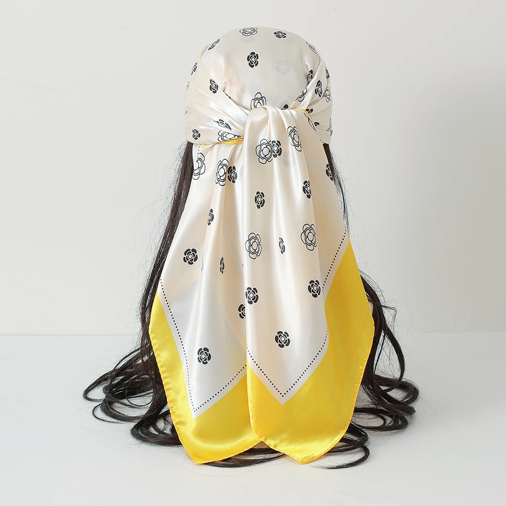 Luxury Print Square Scarf Simulated Silk Thin Satin Neck Scarf Sunscreen Headscarf Women Neckerchief Headband Fashion 90x90cm