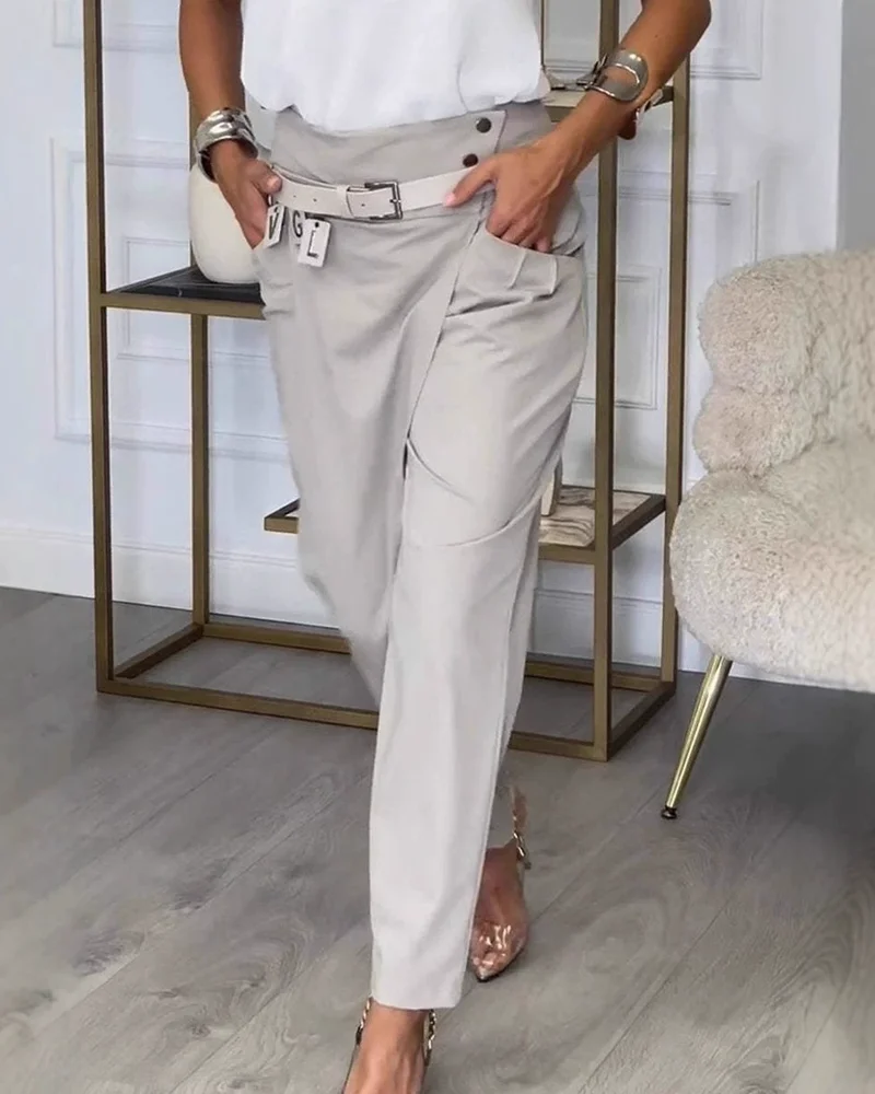 Asymmetric Buttoned Design Skinny High Waist Elegant Pants With Belt