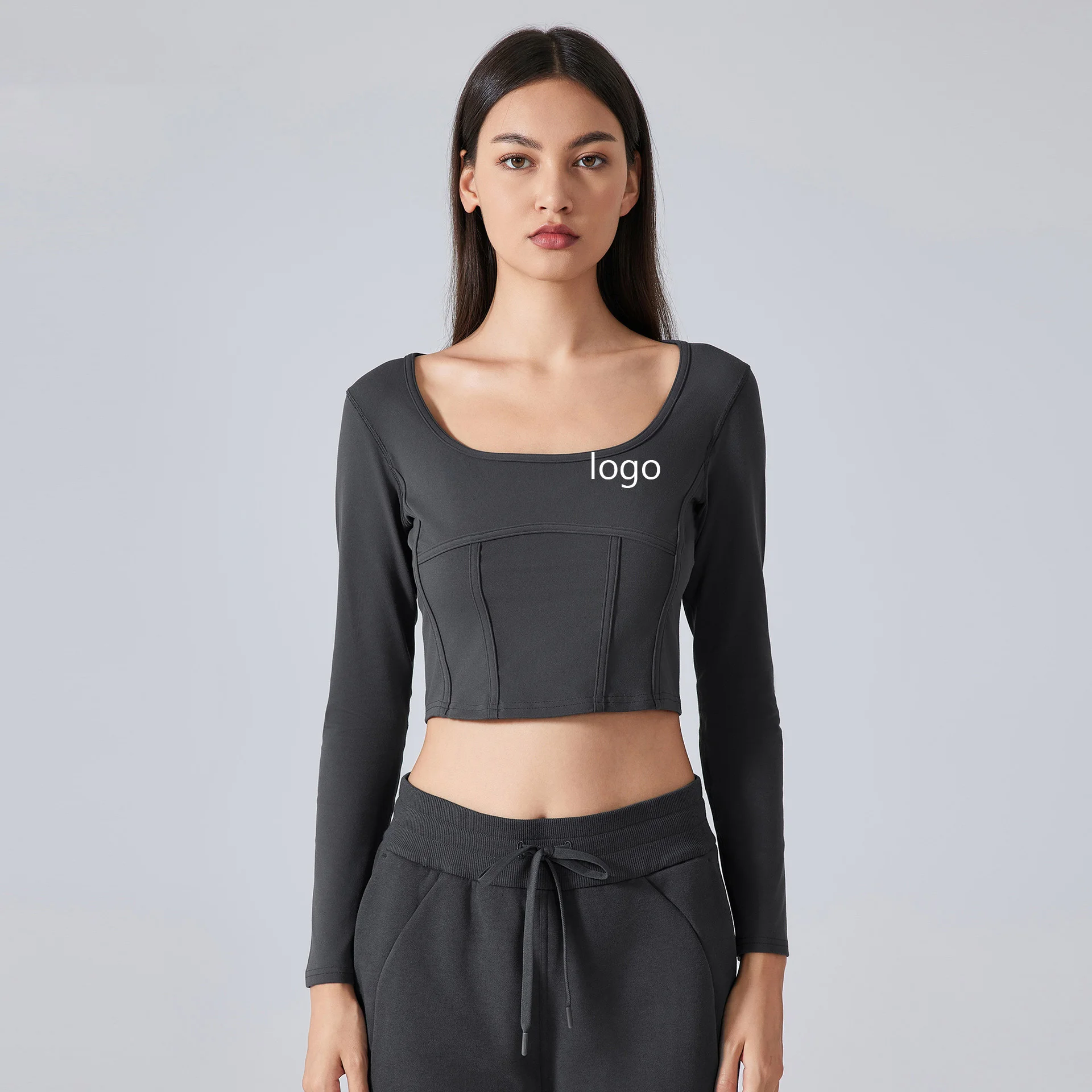 Women's Shirt Tight Yoga Long Sleeved Square Neck Nude Elastic Quick Drying Fitness Breathable Wholesale Customized Logo