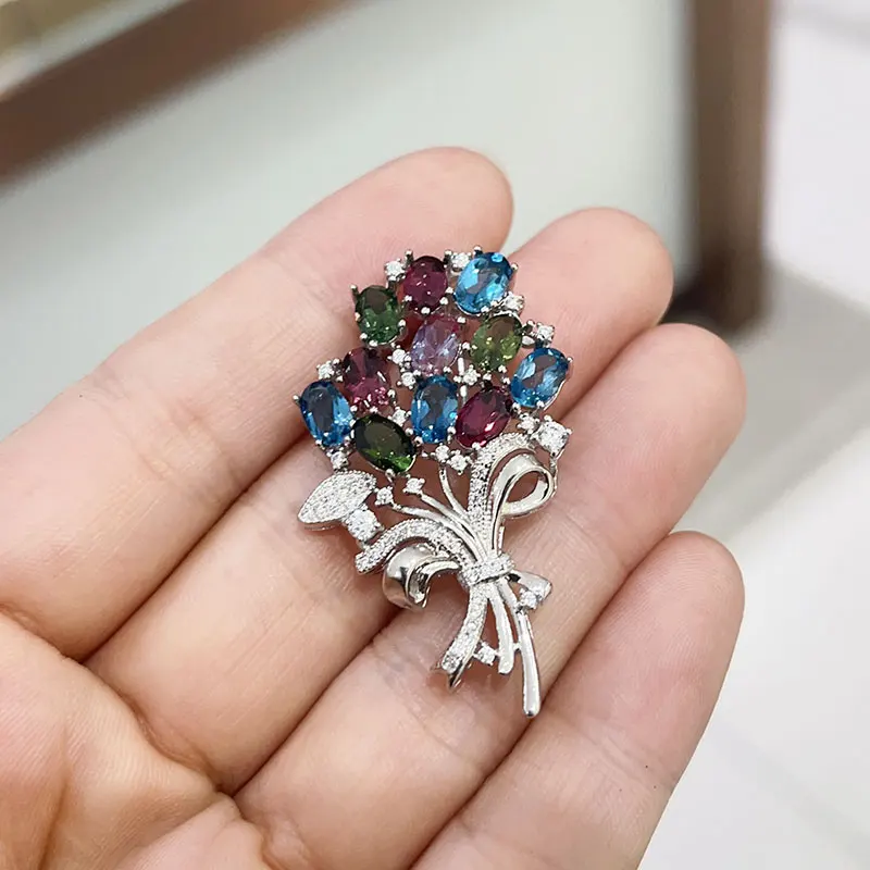 

All kikd stone Brooch for Party 4mm*6mm Total 5ct Genuine topaz tourmaline Alexander 925 Silver Brooch Birthday Gift for Women