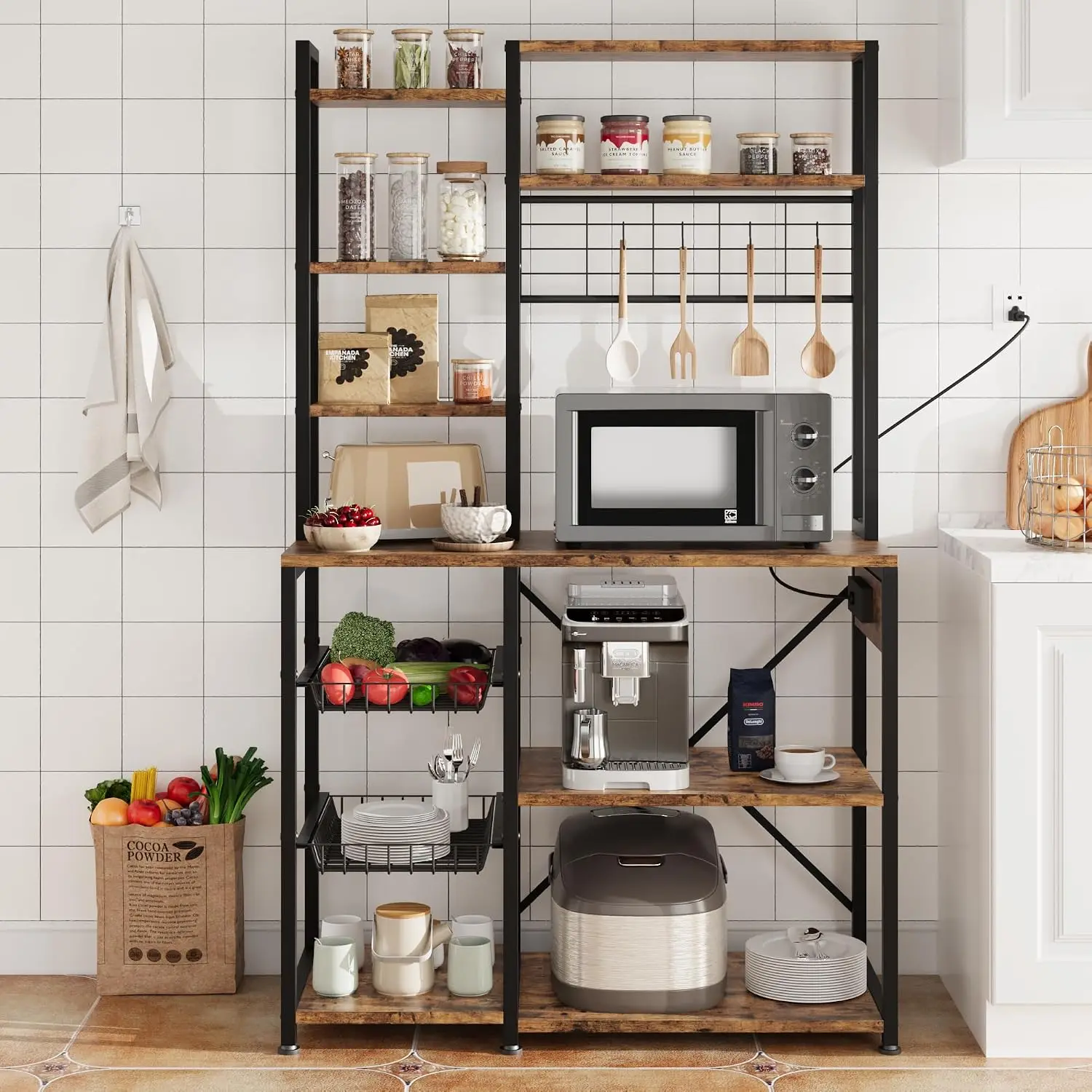 6-Tier Bakers Rack with Built-in Power Outlets, Microwave Stand with Wire Basket, Coffee Bar Station with 4 s-Hooks, Open Kitche