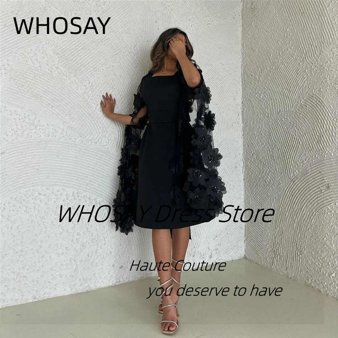 WHOSAY Black Short Prom Dresses for Saudi Women Square Neck Flowers Long Sleeves Robe Des Cocktail Party Holiday Banquet Evening