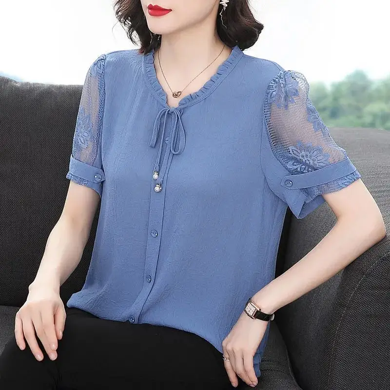 Elegant Bow Buttons Lace Patchwork Solid Chiffon Shirt Summer 2023 New O-Neck Short Sleeve Loose Blouse Women Oversized Clothing