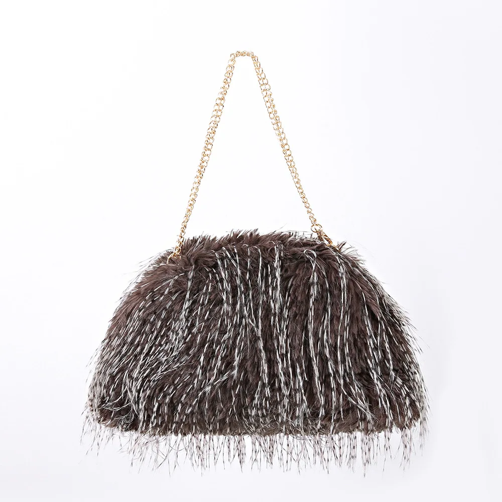 Kunstfell-Quasten-Ketten-Umhängetasche, weiche, warme, flauschige Fransen-Halbmond-Clutch, Winter-Hochzeits-Abendparty-Modehandtasche für Frauen – Detail 10