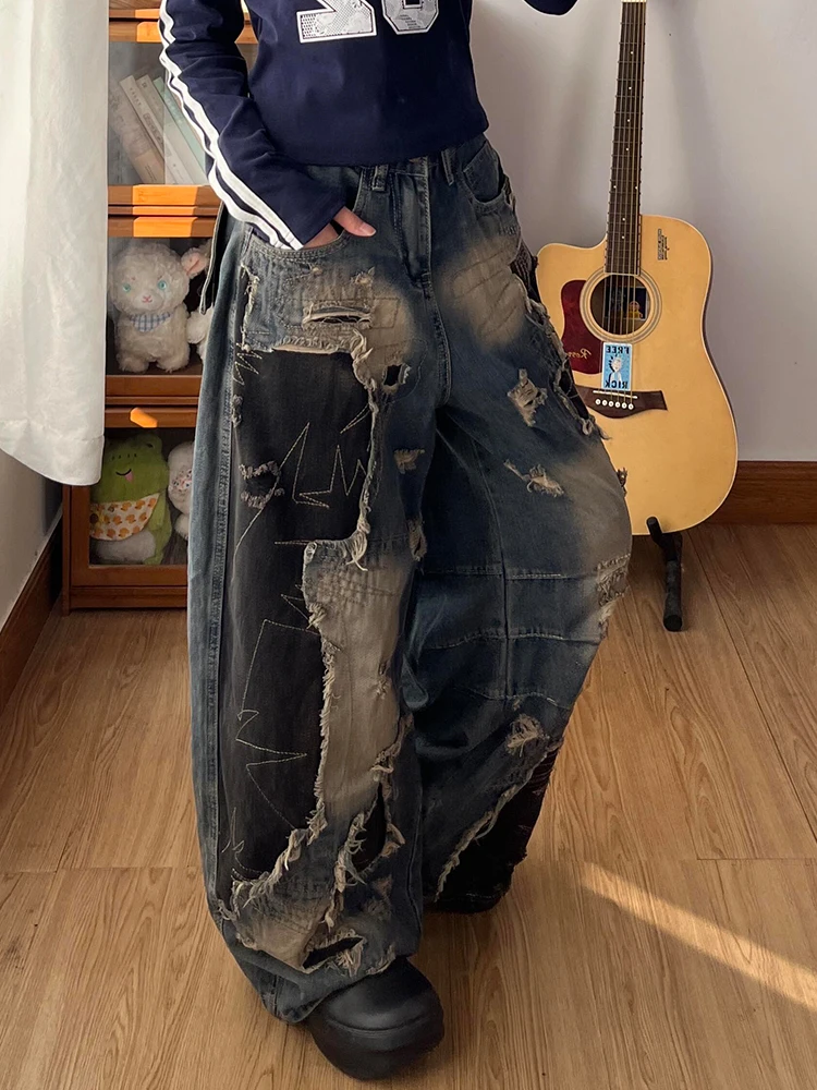 

Worn-In American High Street Distred Denim Jeans Women's Spicy Design Patchwork Color Blo Knife Long Trousers