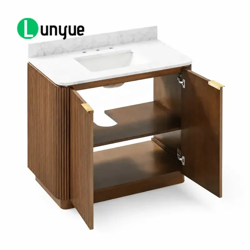 Modern Luxury 39 Inch Walnut Fluted Wood Bathroom Vanity Cabinet Single Sink with Marble Top for Villa Hotel Project