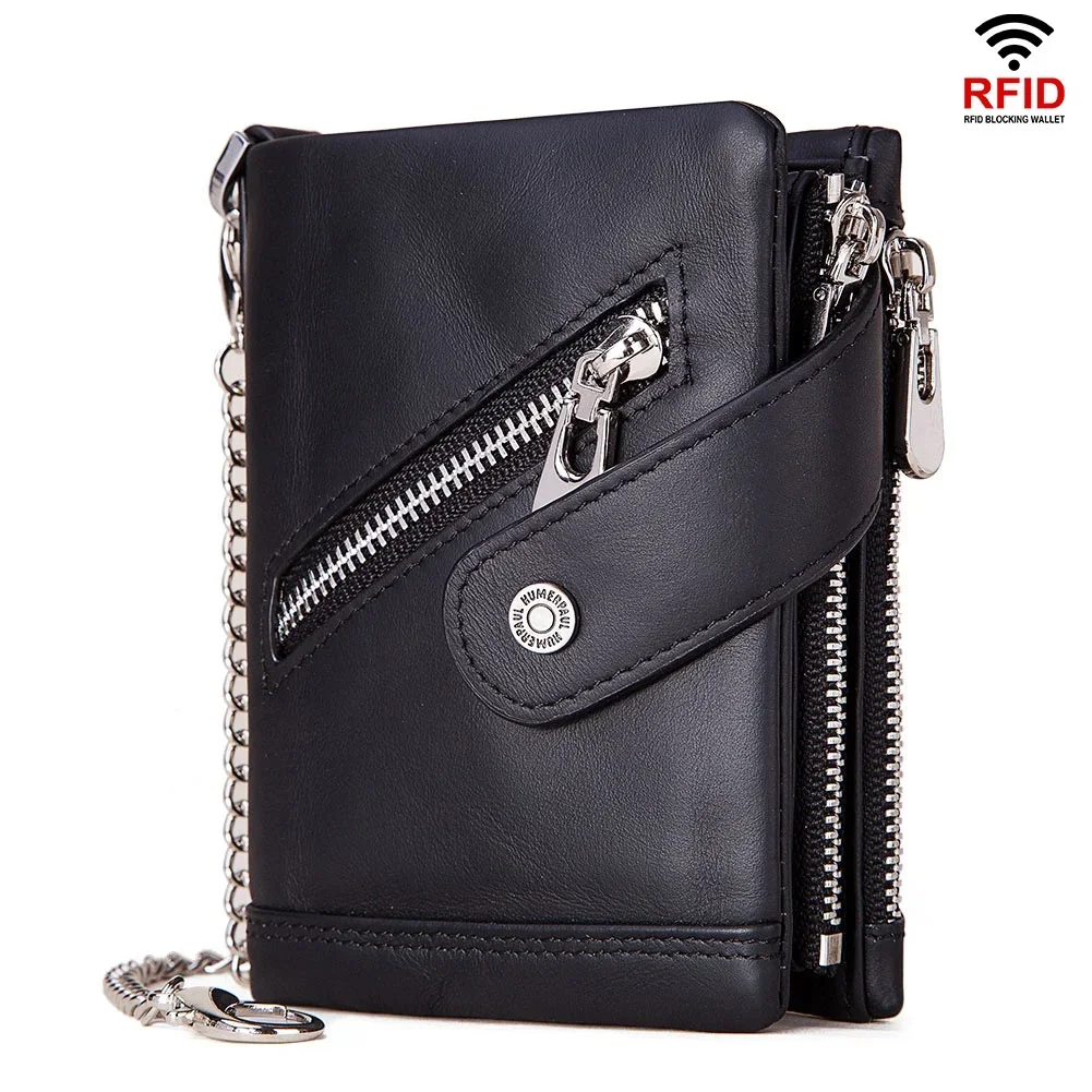 

Short Wallet for Men RFID Blocking Genuine Leather Male Wallets Cowskin Cards Holder Coin Pocket Anti-theft Metal Chain Purse