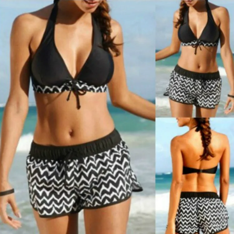 2026 Bikini Sets For Woman Halter Neck Top Chevron Print Black And White Swimsuit With Shorts Two Piece Women's Swimsuits