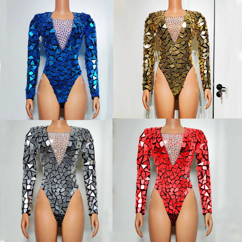 Mirrors Costumes Women Rhinestones Bodysuit Festival Outfit Bar Nightclub Dj Ds Gogo Wear Stage Pole Dance Clothing XS7716