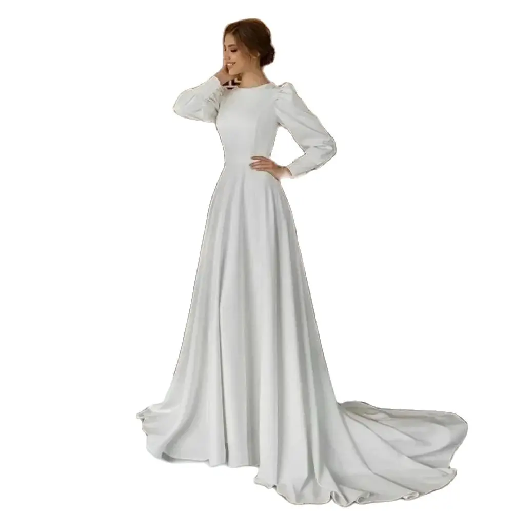 

High-end Satin Wedding Dresses A-Line Round Neck Long Sleeve Train Wedding Dresses For Wedding Bridesmaid Birthday Holiday