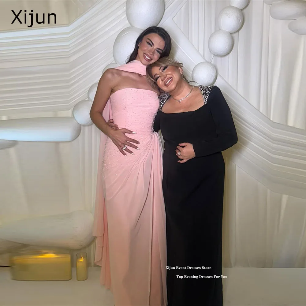 

Xijun Luxury Pink Chiffon Evening Dresses Beads Pleated Sleeveless Long Prom Dresses Shawl Formal Occasions Prom Gowns Customize