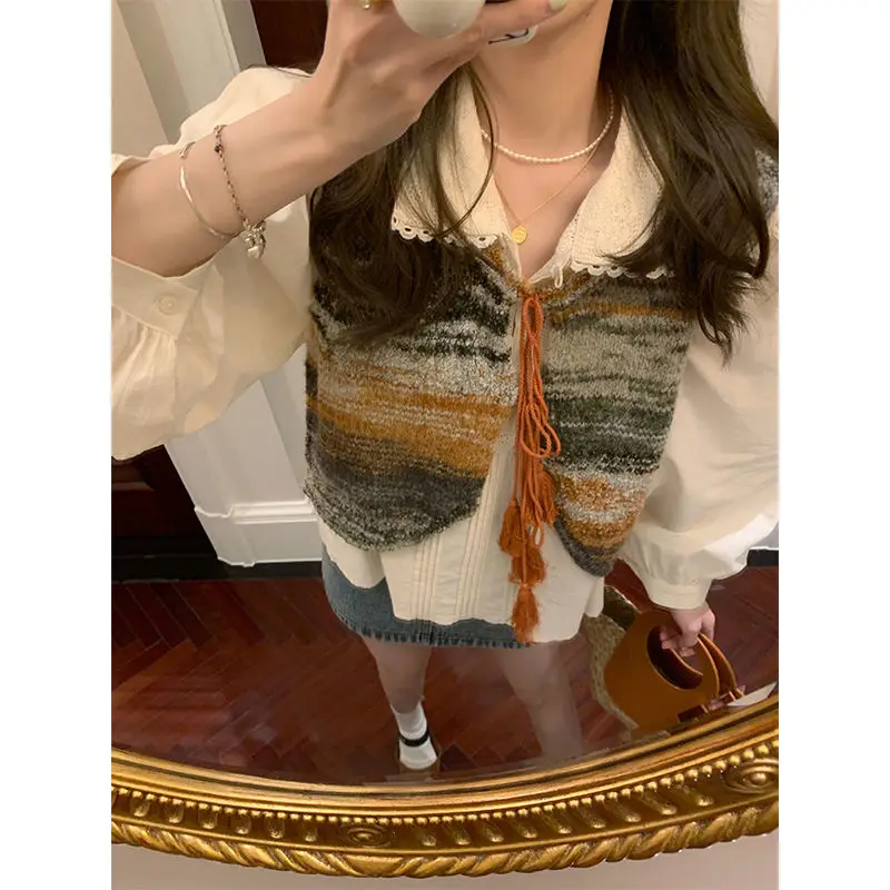 

Korean Style Vintage Y2k Vest Women Spring V-neck Fit Chic Sleeveless Tops Street Fashion Kawaii Loose Striped Waistcoat 2023