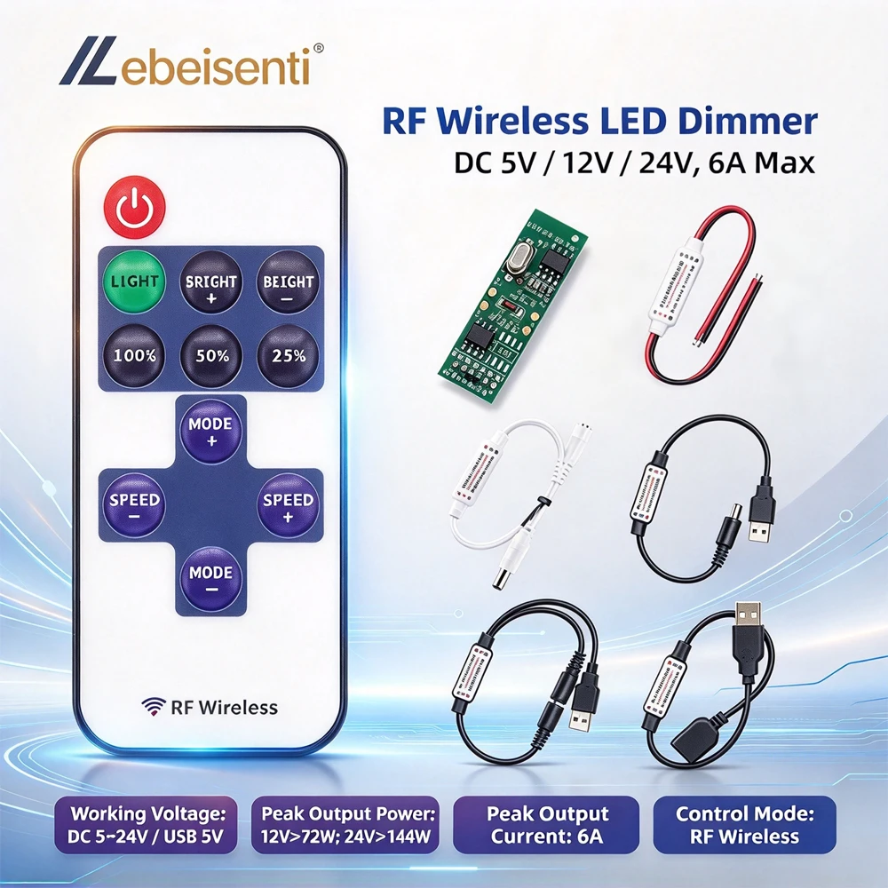RF Wireless LED Dimmer Controller 11 Keys Remote DC5V 12V 24V 6A Single Color LED Strip PWM Dimmer USB Option