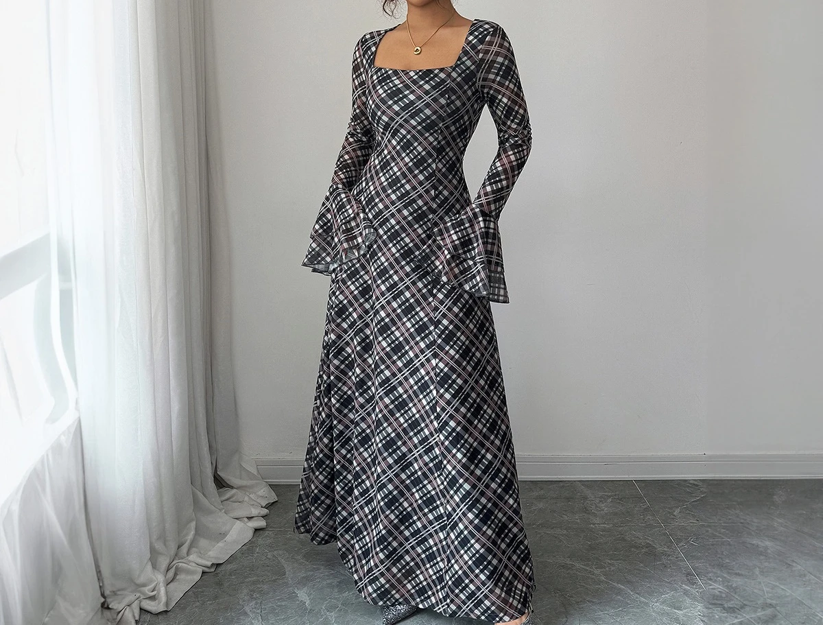 قميص منقوش أنيق بأكمام واسعة وتنورة معانقة الورك فستان نسائي لخريف وشتاء 2025 #2