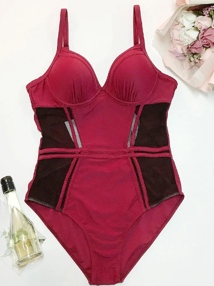 

Sexy Swimsuits Patchwork Swimwear Mesh One Piece Suit String Beachwear Red Color Bodysuit
