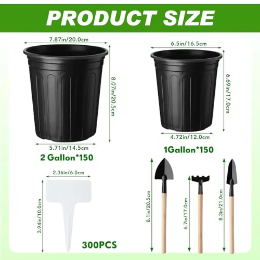 Plant nursery pots for seedlings and cuttings: flexible plastic, black, 300 pcs bulk pack with drainage holes and label tools