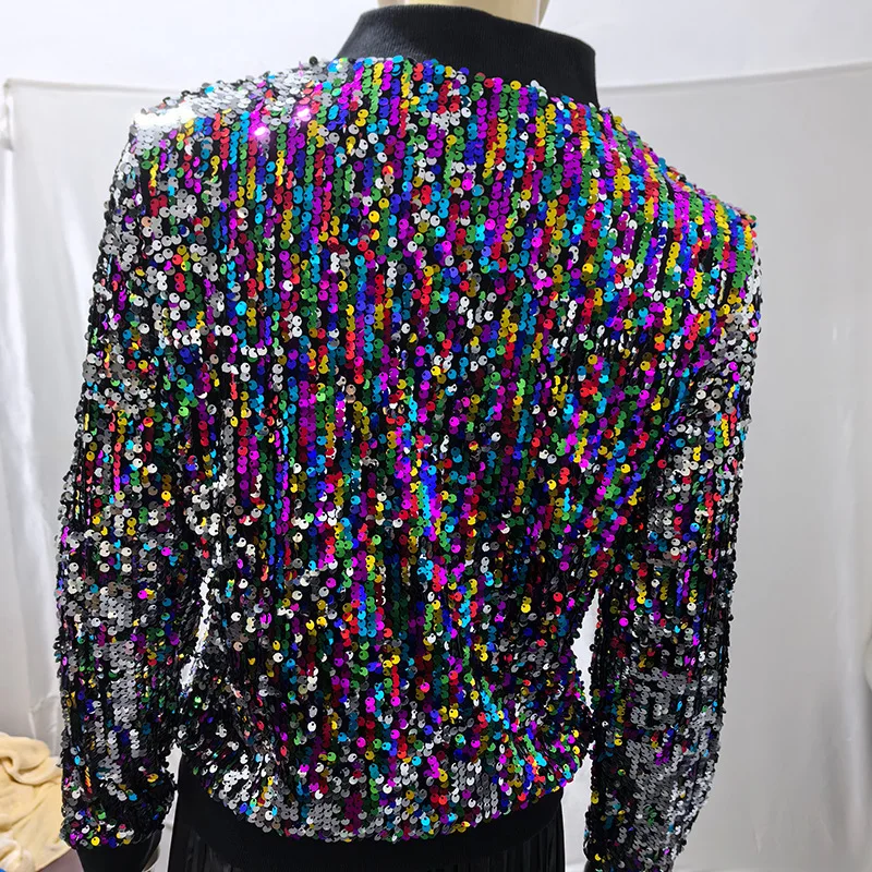 Shiny Color Sequin Jacket Coat Women Personalized Street Stand Collar Long Sleeve Zipper Jackets Fashion Female Clothing Coats
