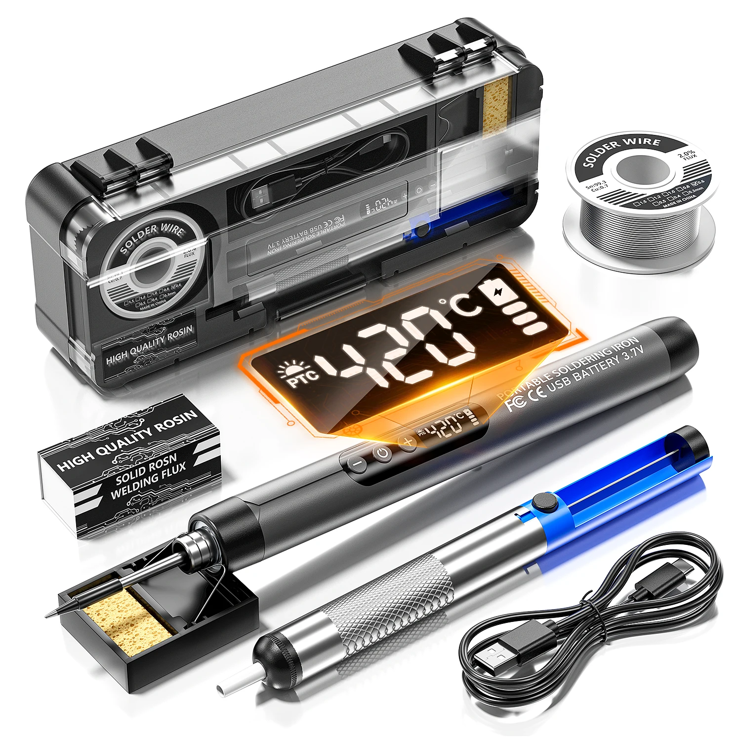 USB Rechargeable Electric Soldering Iron Kit with LCD Display, 5-Level Adjustable Temperature, Portable DIY Repair Tool Set