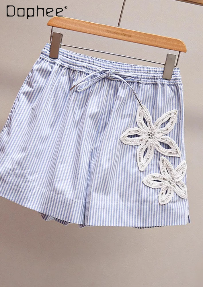 Sommer Retro bestickte Blumenperlen hohle Spitze elastische Taille A-Linie weites Bein Hose koreanische schicke blau-weiß gestreifte Shorts