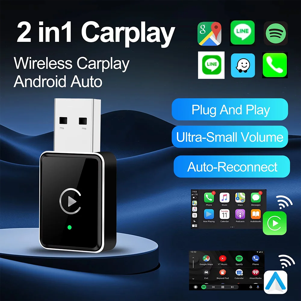 

New 2in1 Wired To Wireless CarPlay & Android Auto Adapter Car Accessories Mini USB Ai Box for Volkswagen Renault Peugeot Bmw BT