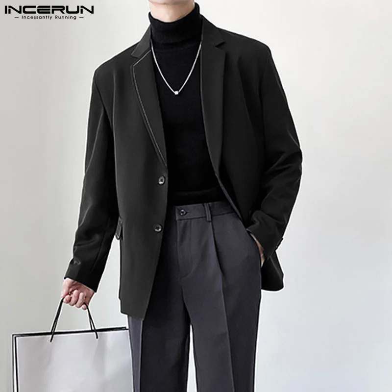 INCERUN Men Blazer Solid Color Lapel Long Sleeve Button Casual Suits Men Streetwear 2024 Spring Fashion Leisur Thin Coats S-5XL