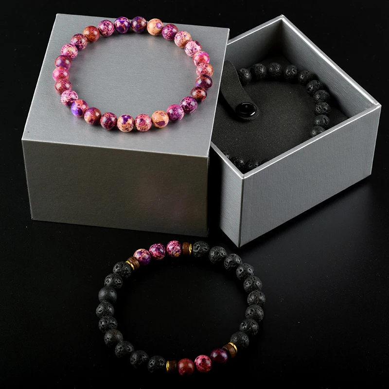 Vintage Natural Stone Bead Bracelet Set Pack 3Pcs/Set Lava Rhodonite Rose Quartz Bangle Men Women Handmade Couple Jewelry Gift