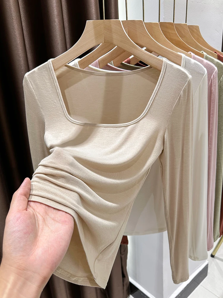 

Новая женская базовая футболка с квадратным вырезом и длинным рукавом, приталенная, с низким воротом, для весны и осени, внутренний топ